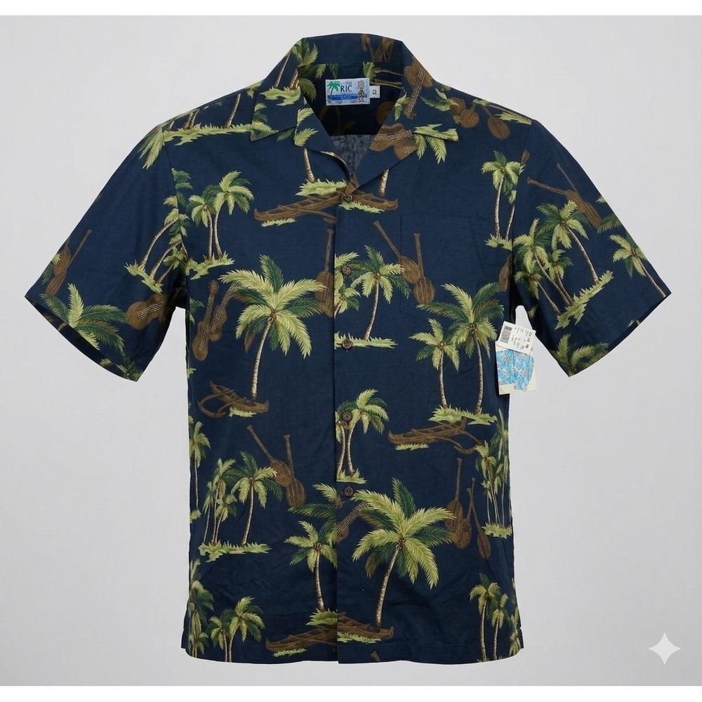 RJC Ltd Men's Vintage Blue Palm Tree & Ukulele Print Hawaiian Shirt. NWT Size XL